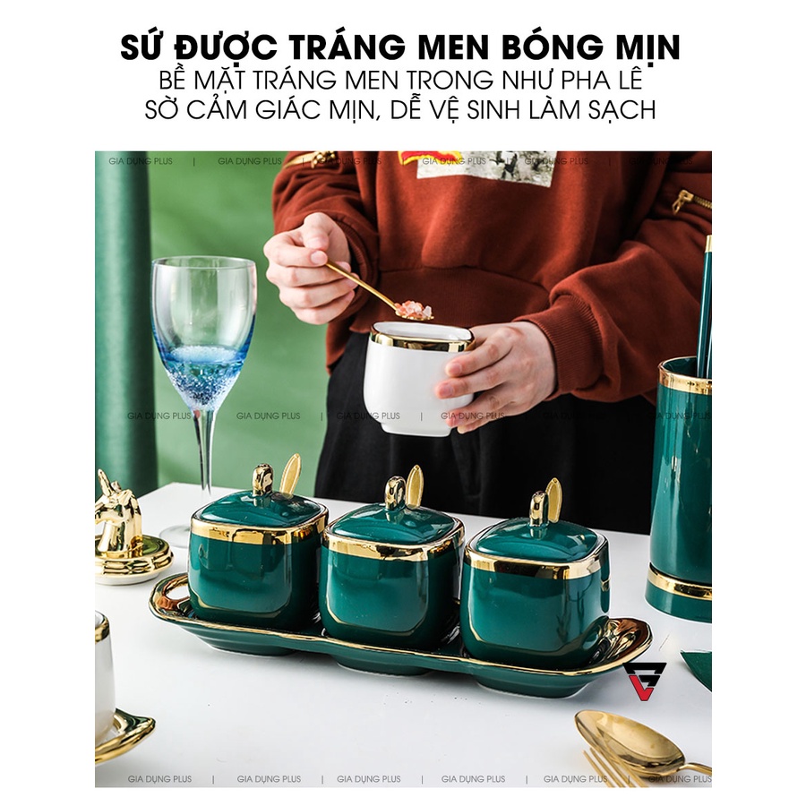 Bộ 3 hũ sứ viền vàng cao cấp đựng gia vị kèm khay và thìa