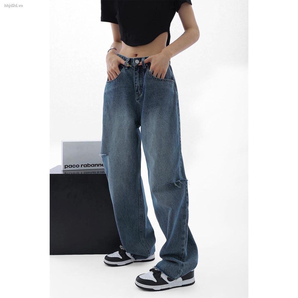 Quần Jean Nữ Ống Rộng Rách Gối Lưng Cao Phong Cách Mùa Hè Mới