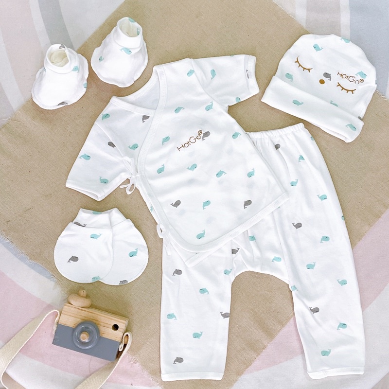 Set quần áo sơ sinh 0-3m cotton borip xuất họa tiết - 5 món