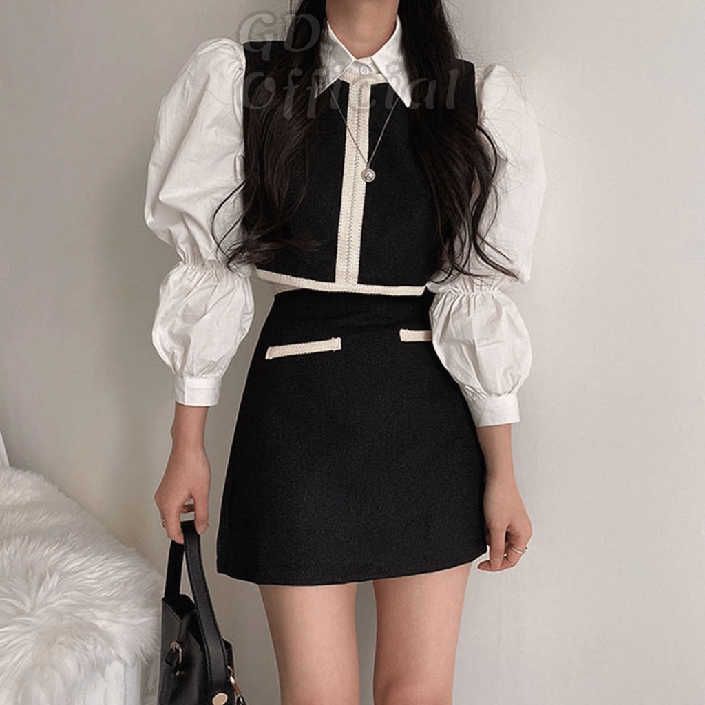B30|Set bộ áo sơ mi trắng cotton, áo gile dáng vest nổi viền, váy ngắn chữ A gd_order