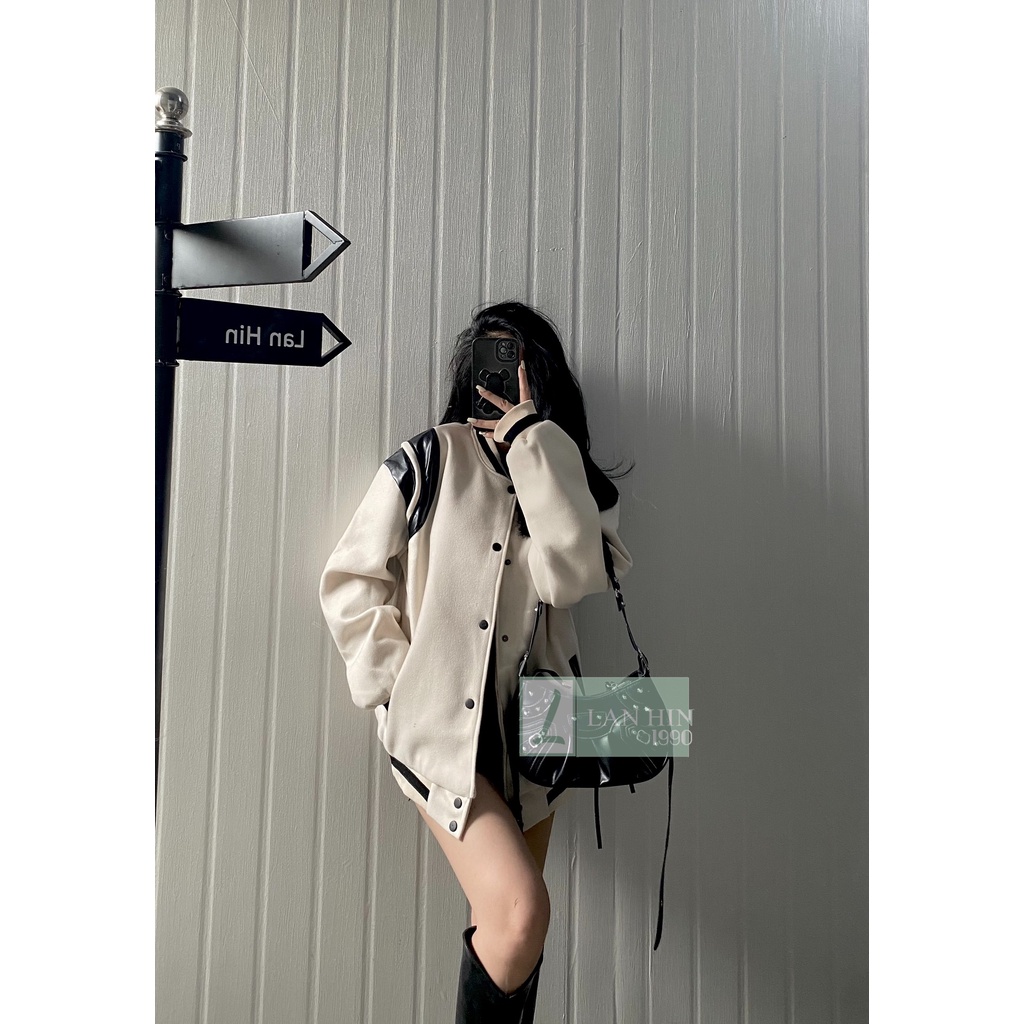 Áo Khoác Bomber Unisex Dạ Phối Vai Da 2 Màu Kem/Đen