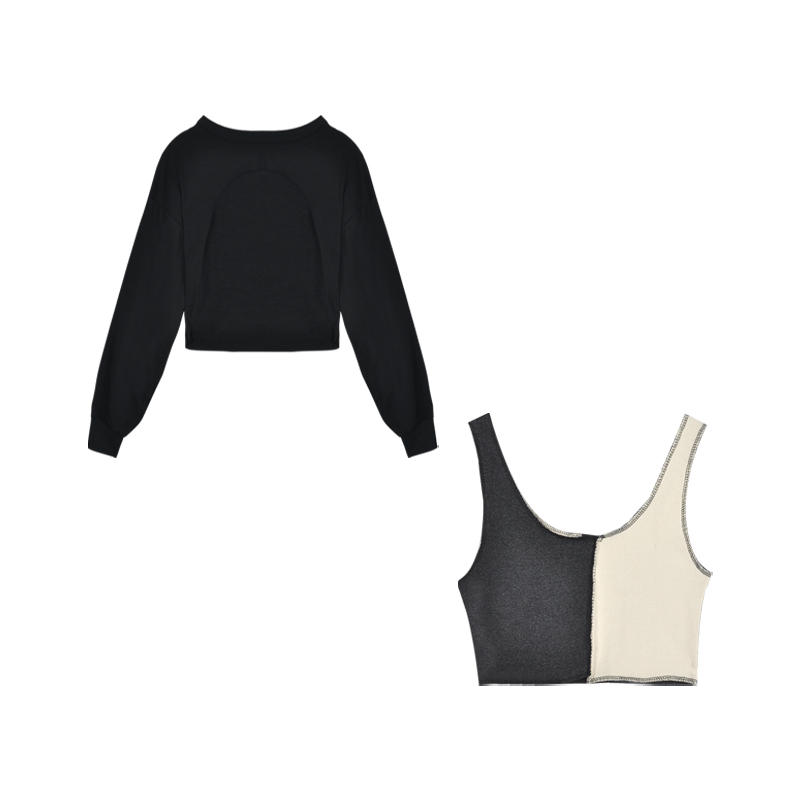 Set áo thun tay dài màu đen + áo khoác không tay phong cách Hàn Quốc | BigBuy360 - bigbuy360.vn