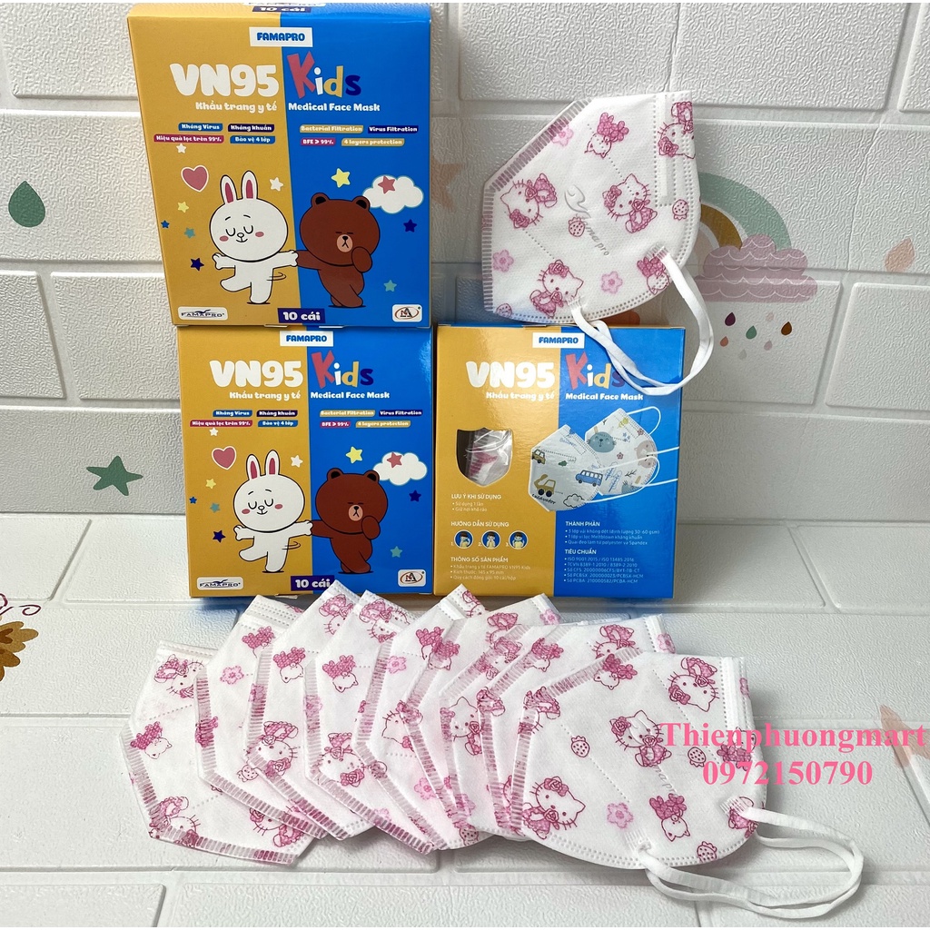 Khẩu trang FAMAPRO VN95 KIDS trẻ em in hình 4 lớp kháng khuẩn 10 cái / hộp