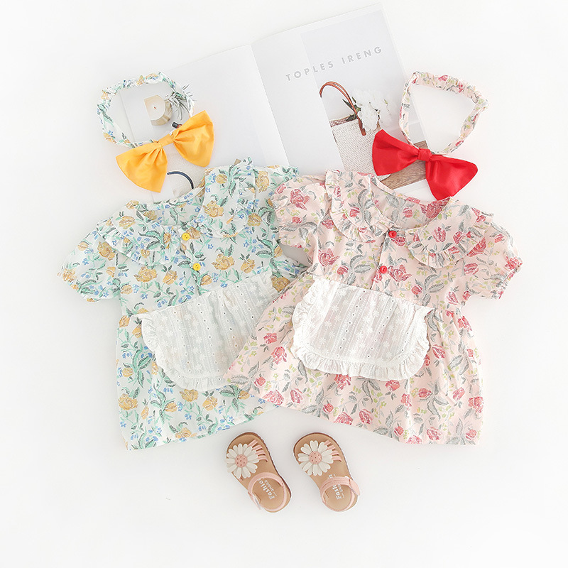 Set Jumpsuit Tay Ngắn Hoạ Tiết Hoa + Băng Đô Cài Tóc Cho Bé