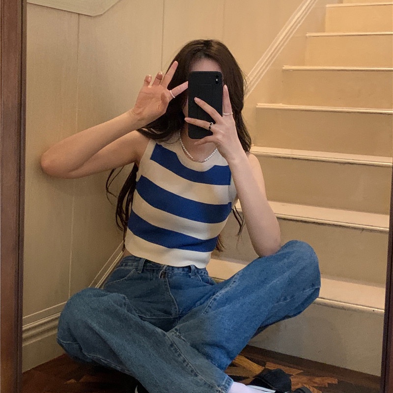 SUXI Áo Dệt Kim Sát Nách Cổ Tròn Dáng Ôm Họa Tiết Kẻ Sọc Thời Trang Mùa Hè Dễ Phối Đồ Cho Nữ