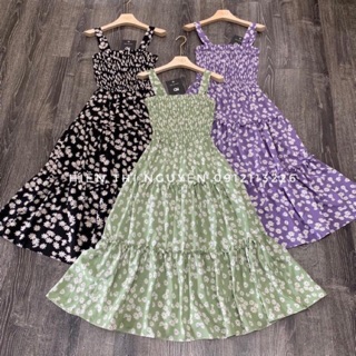 Đầm hoa nhí màu tím , xanh , đen 2 dây bản to dáng dài