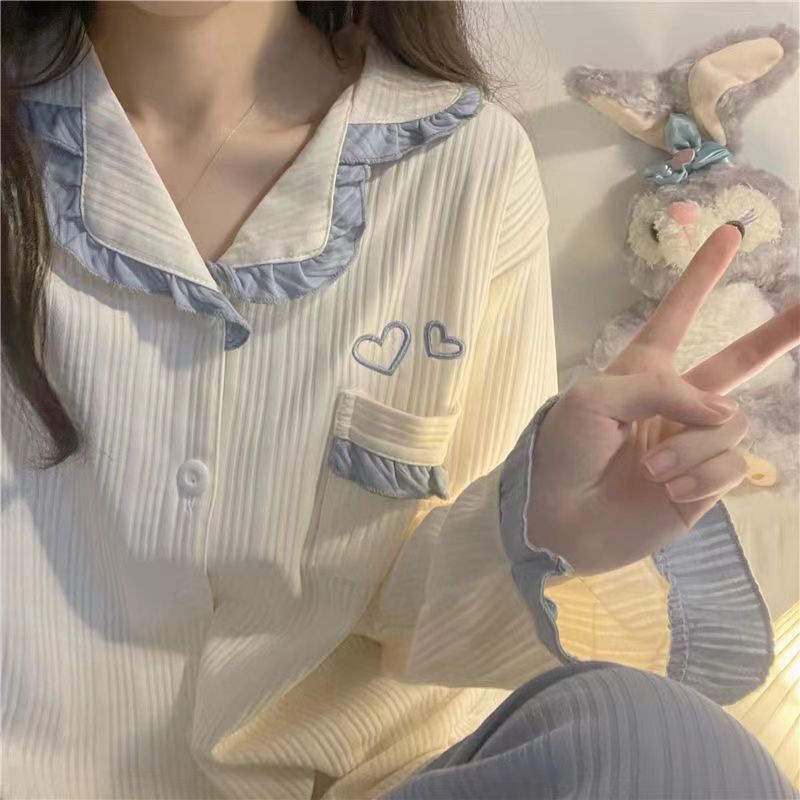 Bộ Đồ Ngủ Tay Dài Cổ Búp Bê In Họa Tiết Trái Tim Dễ Thương Thời Trang Xuân Thu Cho Nữ