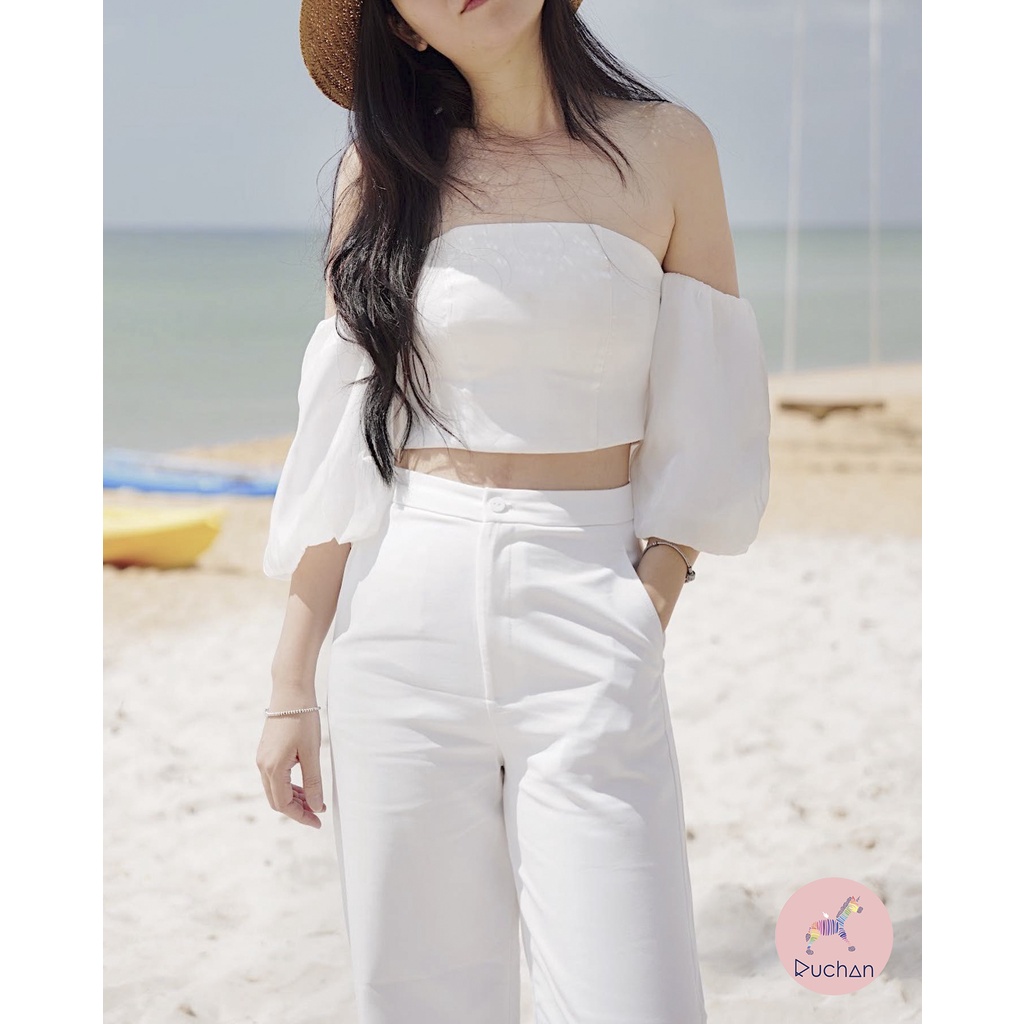 Áo croptop nữ trễ vai cúp ngực organza RUCHAN