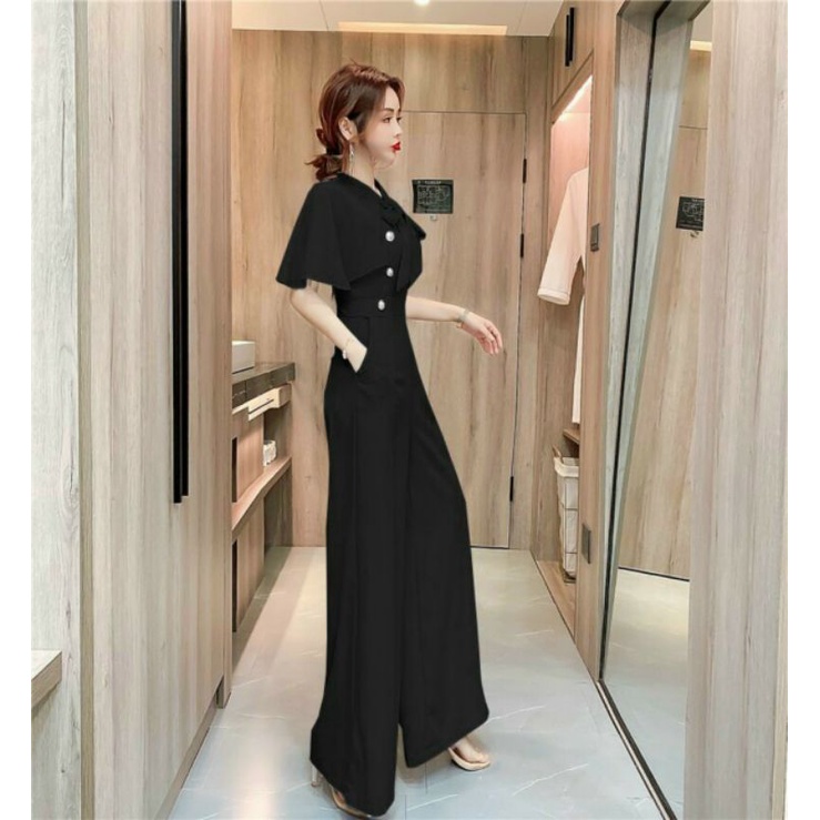 Hàng nhập - Jumpsuit dài ống rộng tay cánh tiên, bộ jum đồ bay lụa phối voan