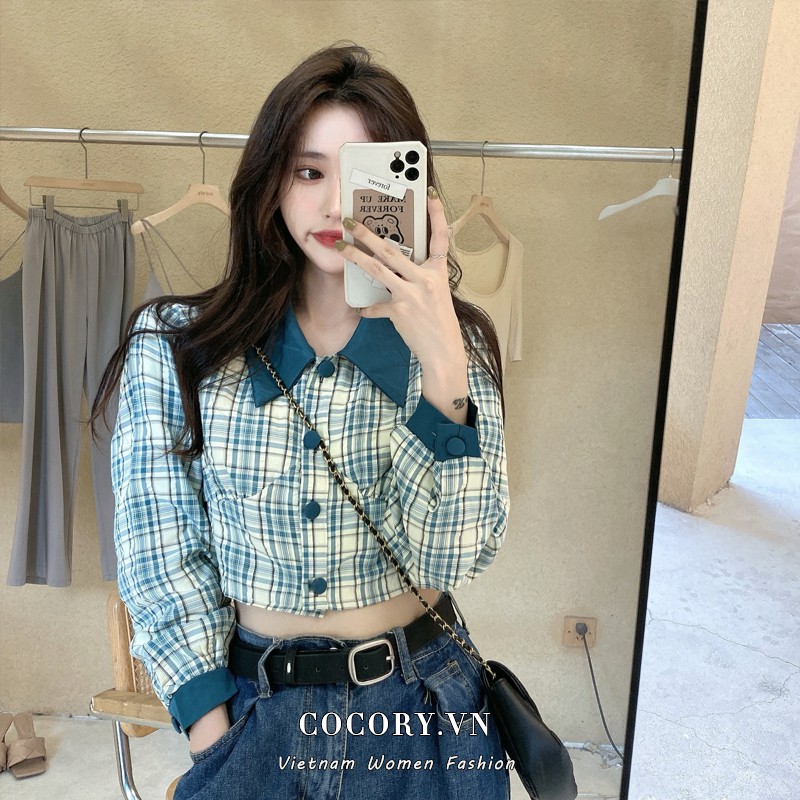 Cocory vn Áo Sơ Mi Croptop Tay Dài Họa Tiết Ca Rô Xinh Xắn Dành Cho Nữ