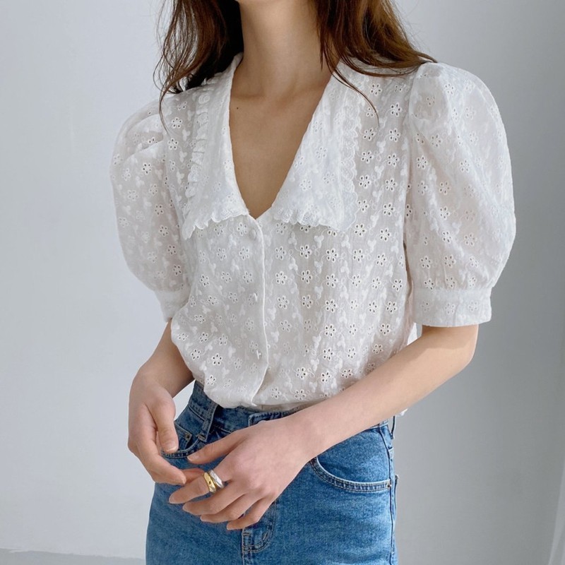 Áo Sơ Mi Tay Phồng Thêu Họa Tiết Xinh Xắn Kiểu Hàn Quốc | BigBuy360 - bigbuy360.vn