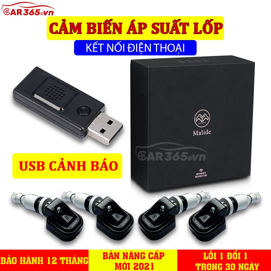 Cảm biến áp suất lốp van trong CAR365 + USB cảnh báo phân phối chính hãng Malide có kết nối với ứng dụng điện thoại