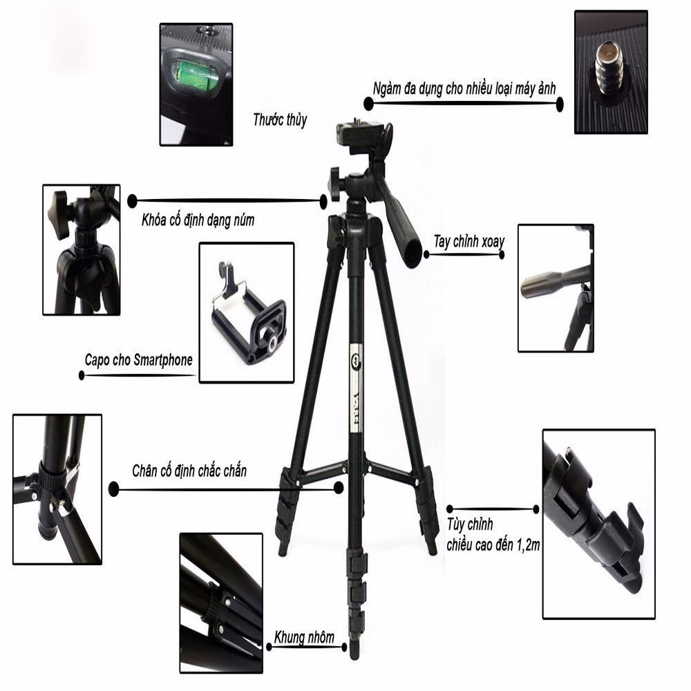 Gậy tripod 3120 dùng livestream chụp ảnh 3 chân có chiều cao tối đa 106cm kết hợp remote tương thích nhiều dòng máy.