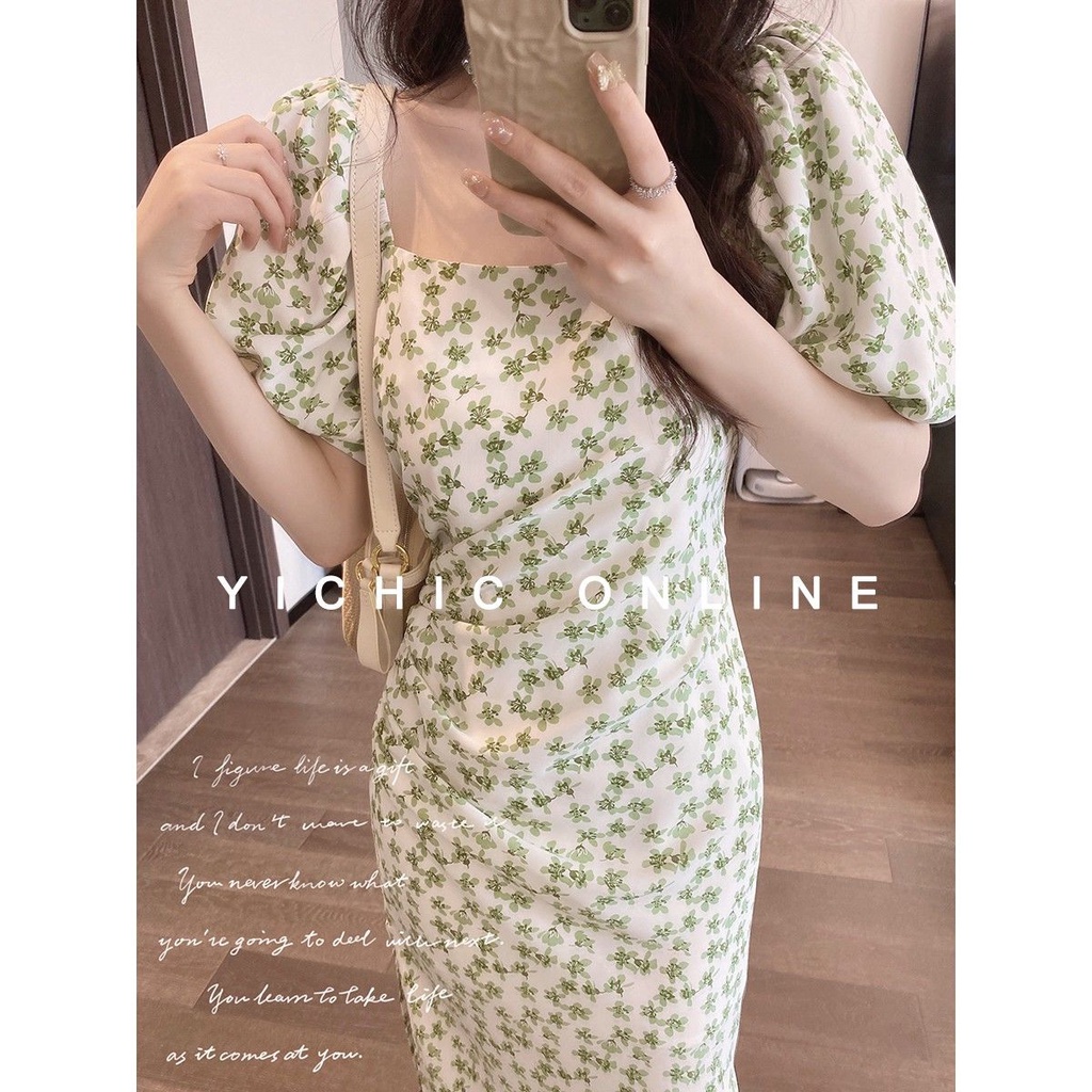Đầm Dáng Chữ A Cổ Vuông Xẻ Tà In Họa Tiết Hoa Phong Cách Hàn Quốc Thời Trang