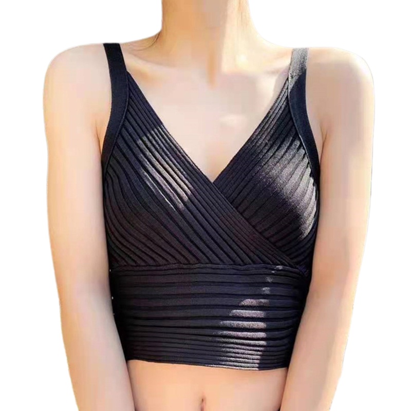 Áo Croptop Dệt Kim Không Tay Cổ Chữ V Màu Trơn Họa Tiết Kẻ Sọc Quyến Rũ Cho Nữ