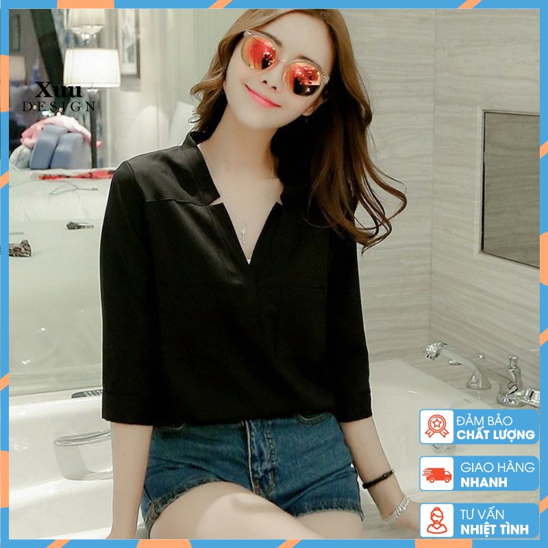Áo kiểu nữ tay lỡ Xuu Design, Áo nữ cổ xẻ V có túi thanh lịch chất vải đẹp SP12