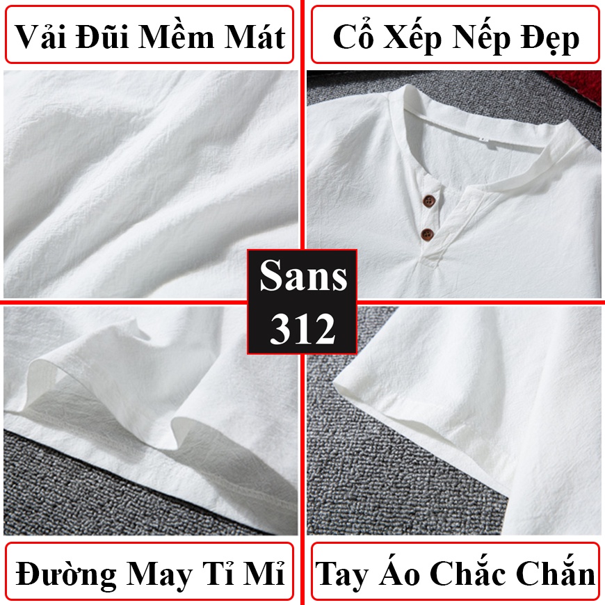 Áo thun nam đũi Sans312 chất cotton linen mát lạnh cộc tay cài nút cổ v trơn đẹp xịn mềm mịn big size 5XL 4XL 3XL