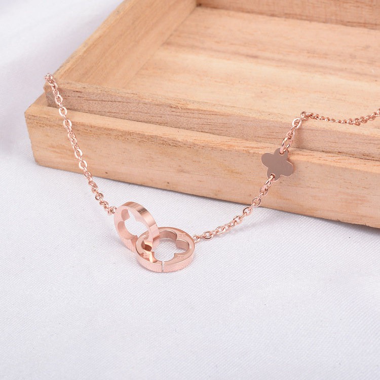 Lắc Chân Thép Titan Mạ Vàng Hồng 18K Mặt Cỏ Bốn Lá May Mắn Phong Cách Nhật Hàn