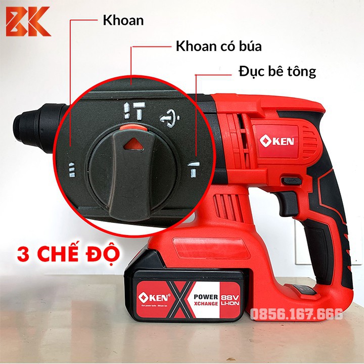 Máy khoan, đục bê tông dùng pin KEN 88V 3 chức năng - Pin 10 CELL - Động cơ từ  -  Không chổi than