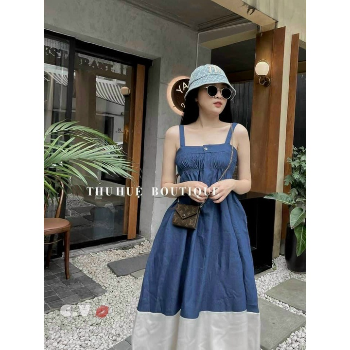 Đầm nữ maxi 2 dây cài nút phối màu nhún ngực cực đẹp cho cô nàng năng động oa