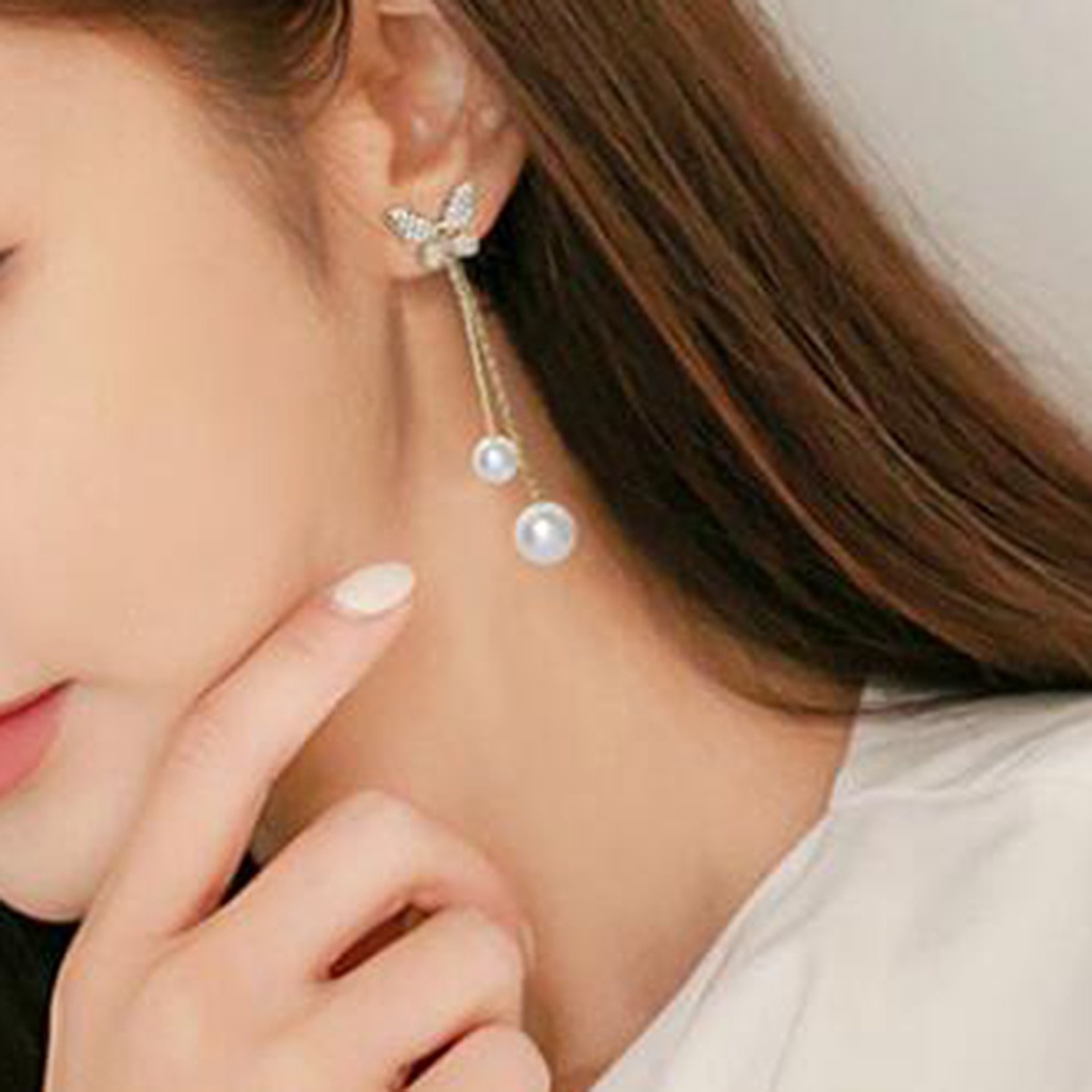 1 Đôi Bông Tai Hình Bướm Dài Đính Ngọc Trai Giả Lấp Lánh