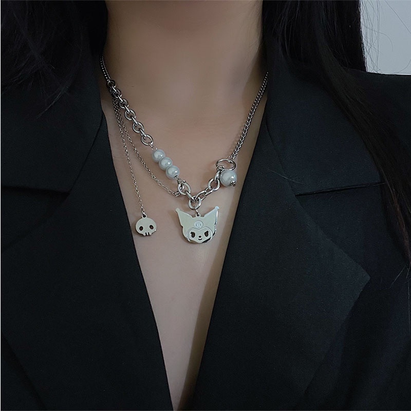 Vòng cổ nhiều lớp bằng thép titan đính ngọc trai giả thời trang cho nữ
