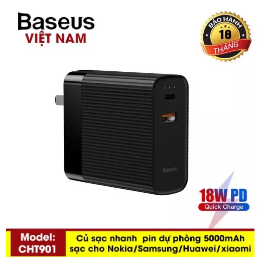 Củ sạc tích hợp pin dự phòng 5000mAh Baseus siêu nhỏ gọn 2 in 1 sạc nhanh hai chiều 2 cổng QC và PD