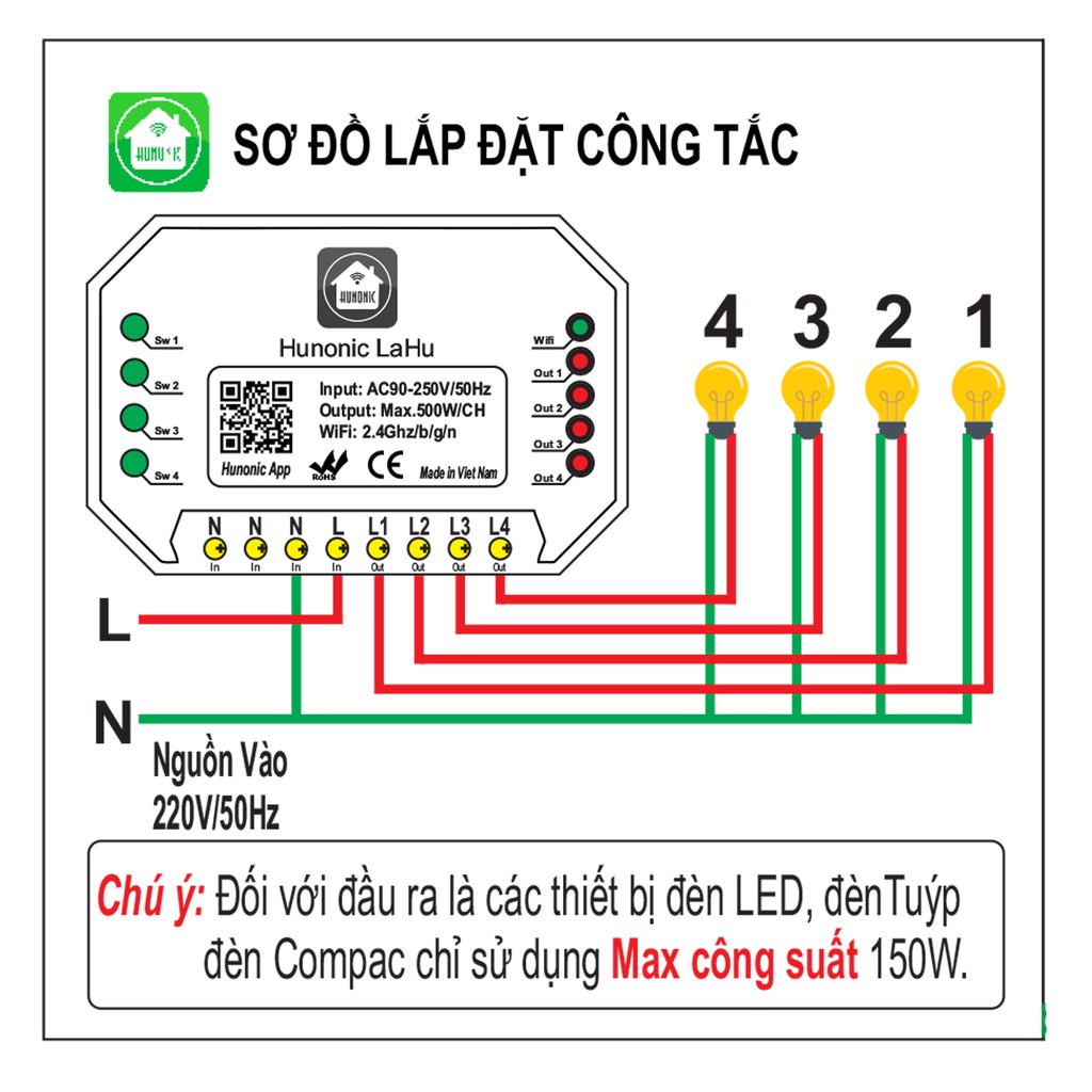 [HÀNG CHÍNH HÃNG] Công tắc THÔNG MINH Hunonic Lahu 4 kênh 500W/Kênh | Điều khiển từ xa bằng điện thoại | BH 12 THÁNG