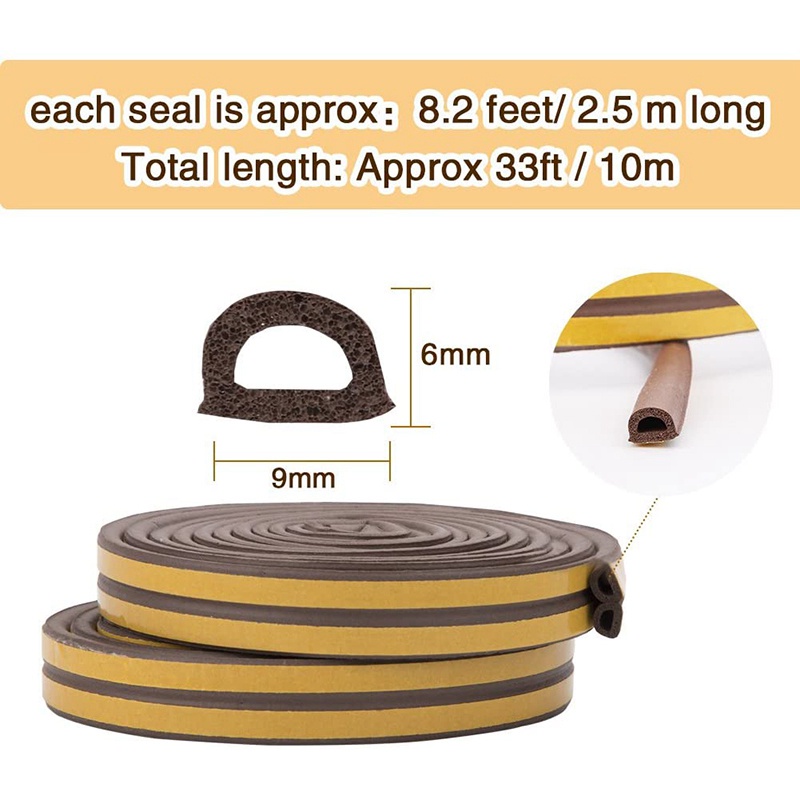 2 cuộn EVA Seal Weather Strip Foam Tape D Loại 10M Cửa sổ Dự thảo Loại trừ Dải con dấu chống va chạm