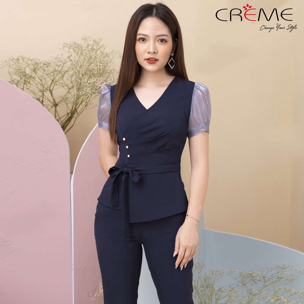 Sét bộ dáng peplum viền kẻ chéo trước ngực SB1002 CREME