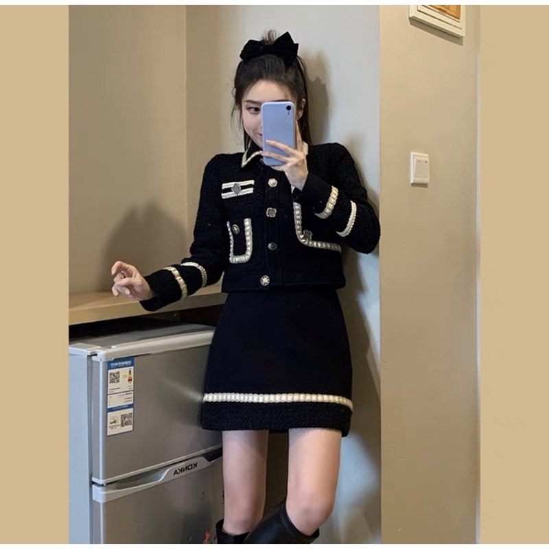 Set Dạ Tweed Phối Viền Siêu Xinh Phong Cách Sang Chảnh Thu Đông_ hàng Order kèm ảnh thật