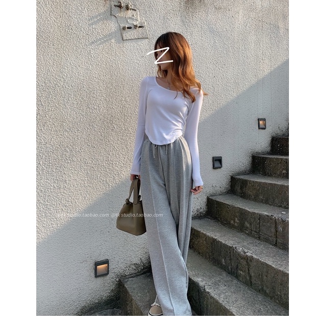 Quần Thể Thao Nữ Lưng Cao Ống Rộng Phong Cách Hàn Quốc