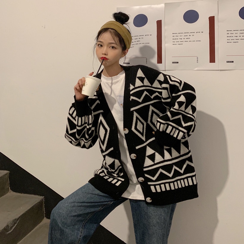 Áo khoác cardigan dệt kim dáng rộng họa tiết hình học phong cách phương Tây thời trang thu đông cho nữ