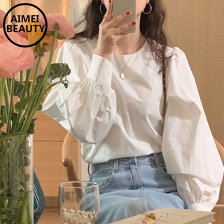 Áo sơ mi tay dài cổ tròn dáng rộng phong cách Hàn Quốc thời trang cho nữ