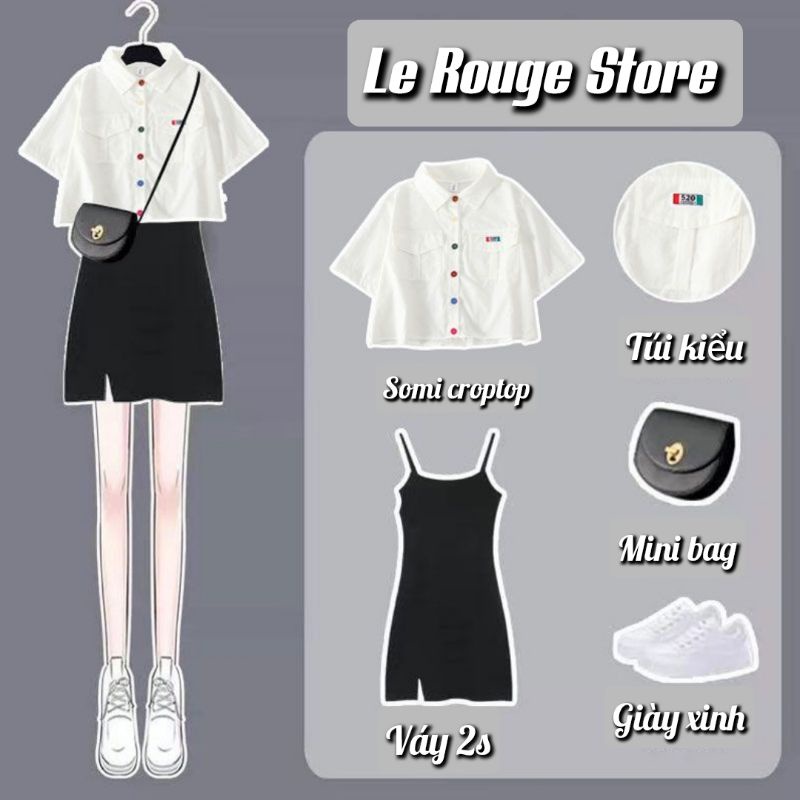 (ORDER) Set trang phục nữ áo sơ mi trắng khuy sắc màu + váy hai dây đen chữ A xẻ tà ulzzang style kiểu Hàn có size