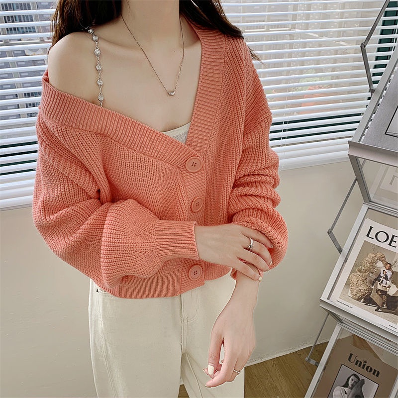 Áo khoác cardigan dệt kim cổ chữ V phối nút thời trang cho nữ