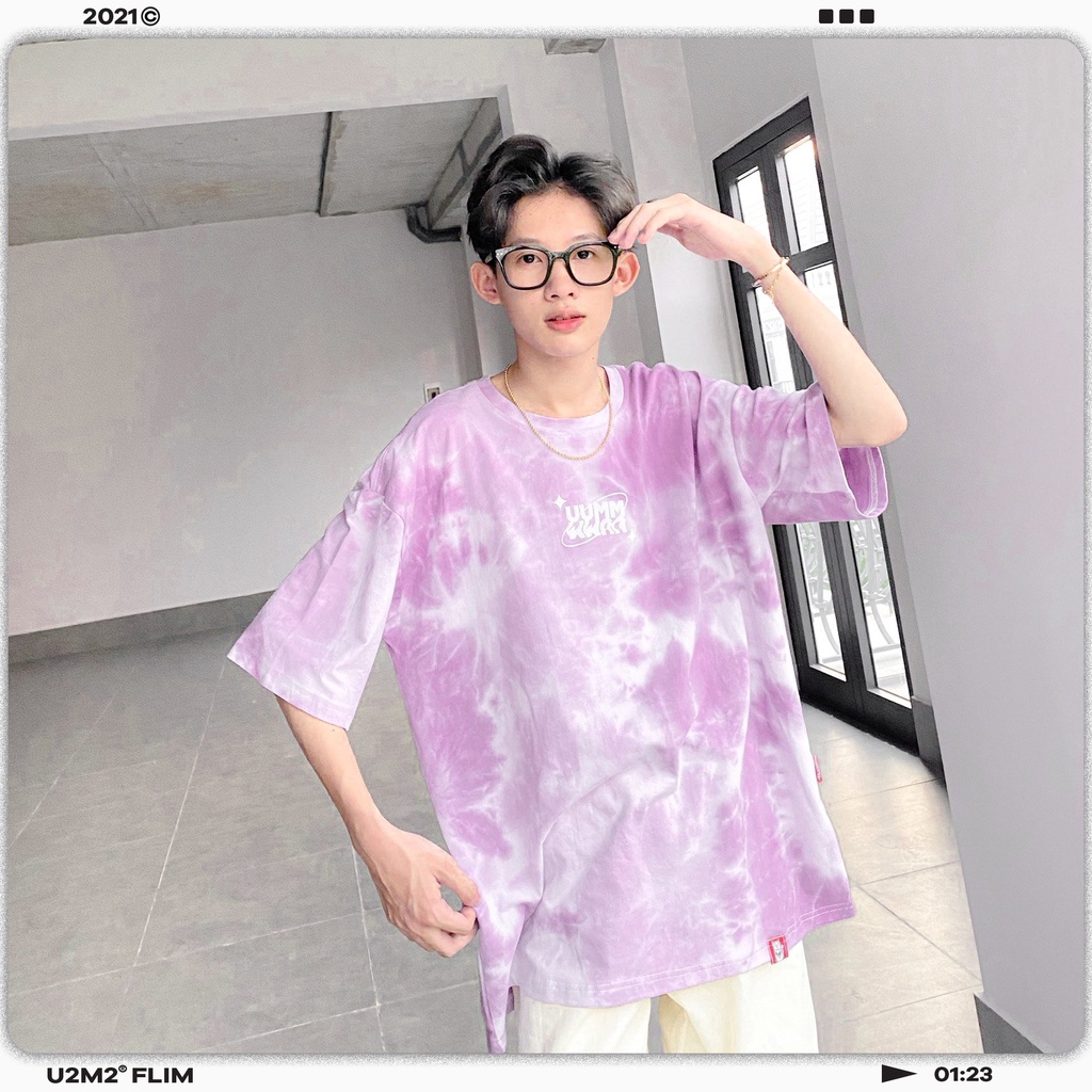 Áo Thun Nam Nữ From Rộng Tay Lỡ - Ủn Ủn Meo Meo® Chất Liệu Vải Thun Cotton 100% - Wash Tiedye Tím In Nhung Trắng