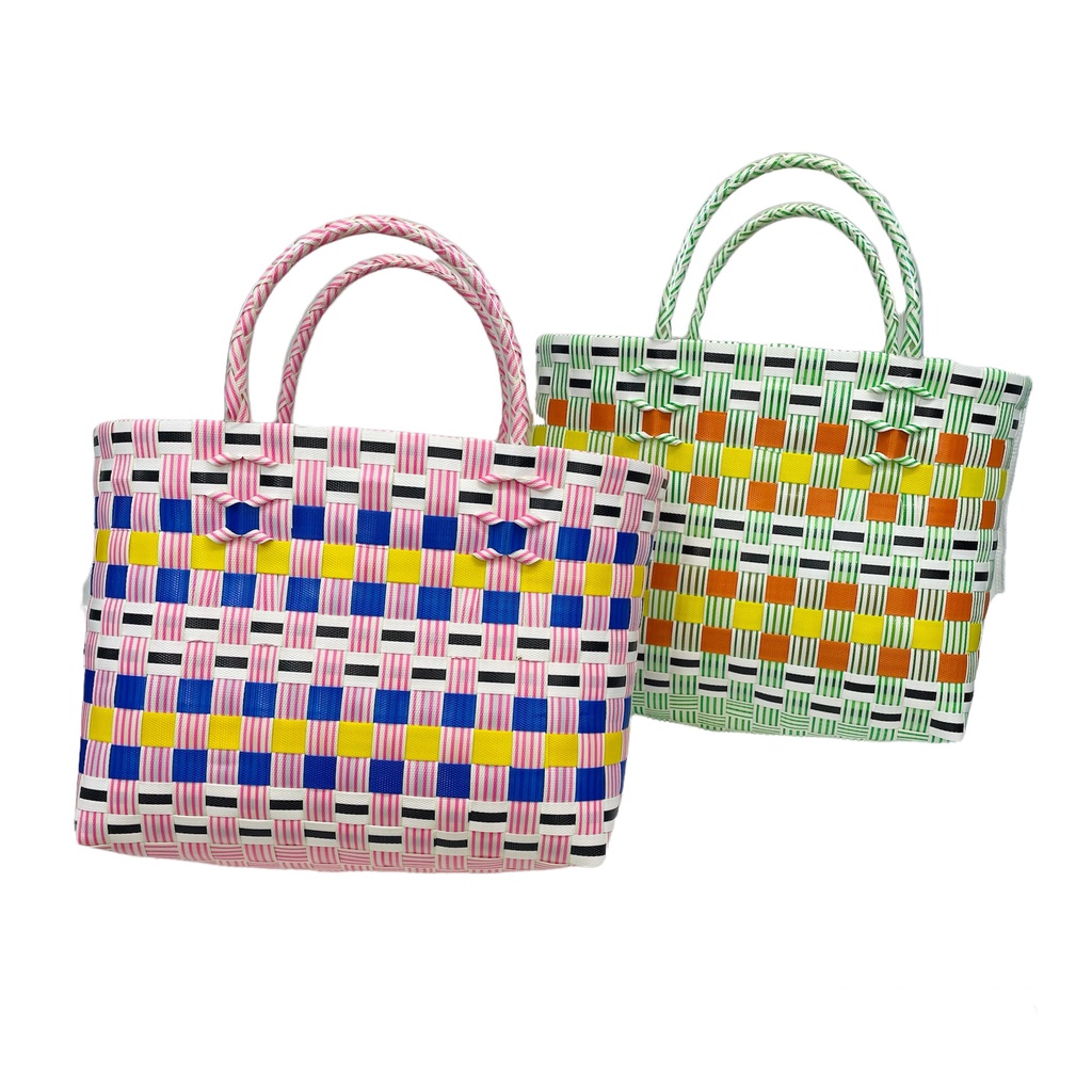 Túi xách nhựa đan tay phối sọc 1 màu (Ảnh Thật 100%)