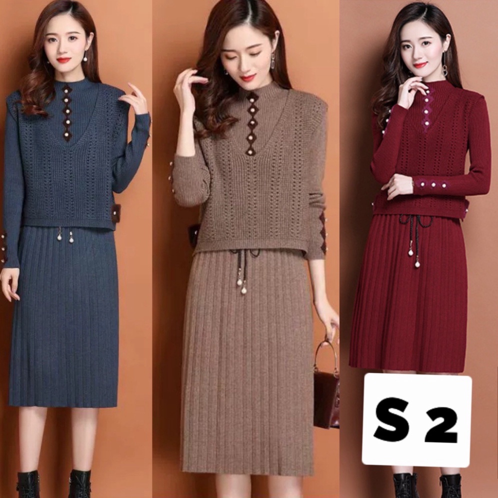 VÁY LEN QUẢNG CHÂU DÁNG DÀI, THẮT EO, CỔ TRÒN, DÀI TAY