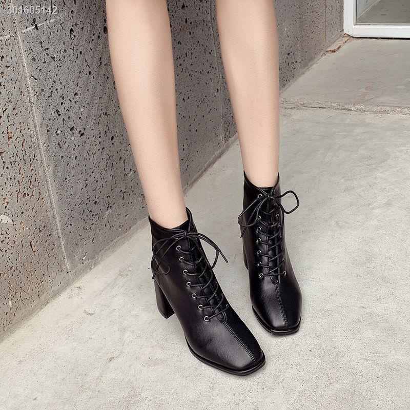 Giày boot cao gót cổ ngắn cột dây chất dày dặn thời trang thu đông Anh Quốc hàng mới 2020 cho nữ