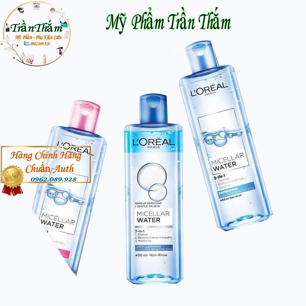 Nước tẩy trang L'Oreal Paris 3-in-1 Micellar Water 400ml, Nước tẩy trang cho mọi loại da, dịu nhẹ, se khít lỗ chân lông