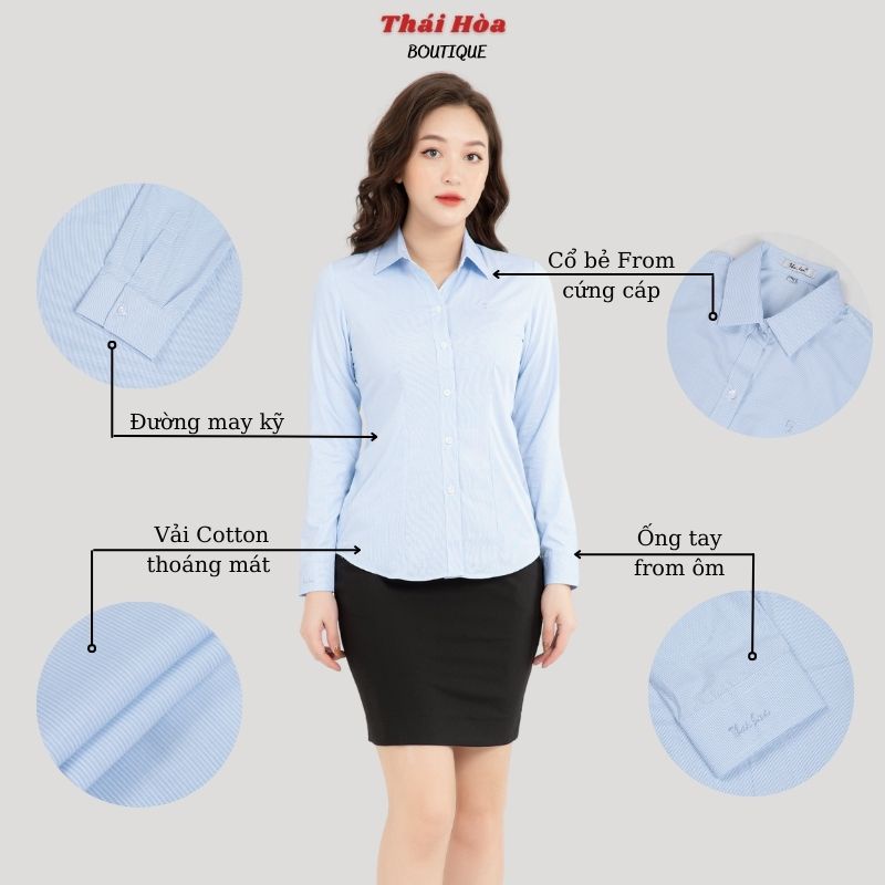 Áo sơ mi nữ đẹp dài tay công sở kẻ tăm caro chìm màu xanh cotton Thái Hoà 631-12-01