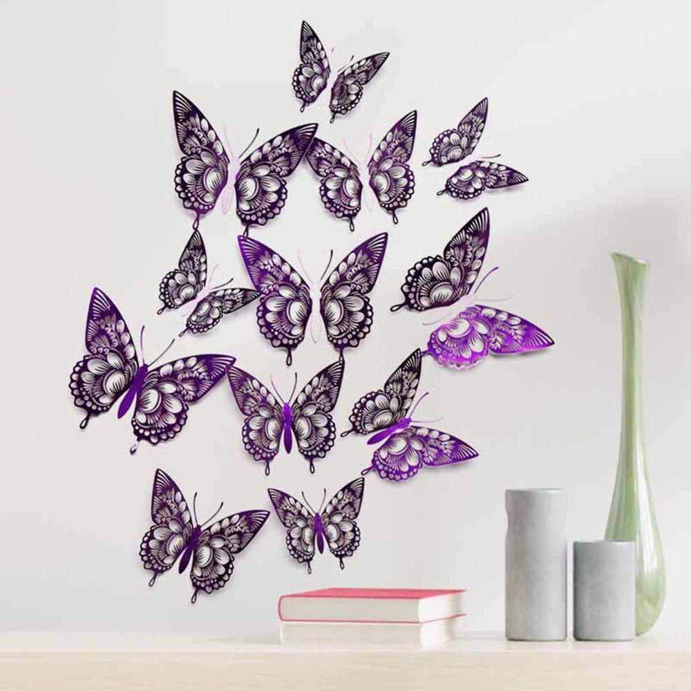 Set 24 12 Đề Can Dán Tường Hình Bướm 3D Khoét Rỗng Trang Trí Phòng Khách / Đám Cưới