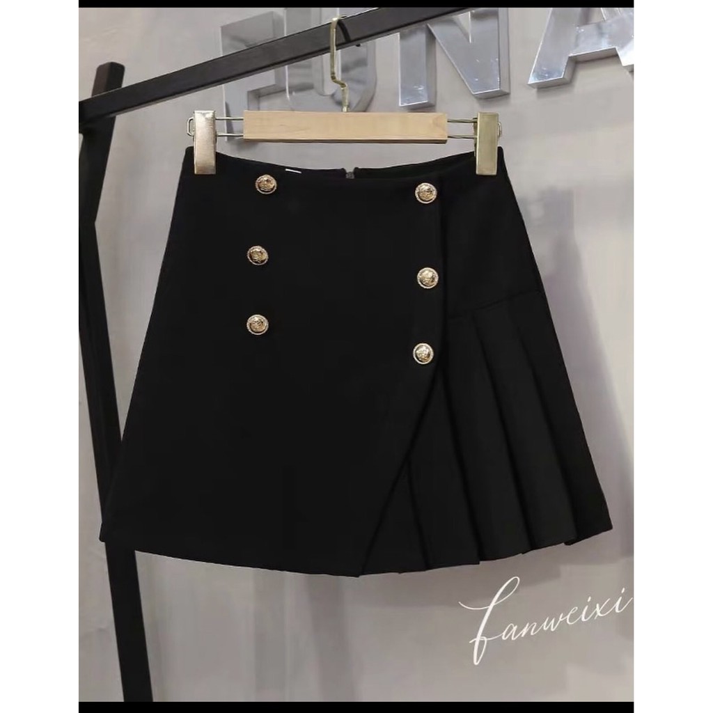 Chân váy ngắn chữ A vạt chéo xếp ly 3 khuy lưng cao 2 màu trắng, đen sz S,M | BigBuy360 - bigbuy360.vn