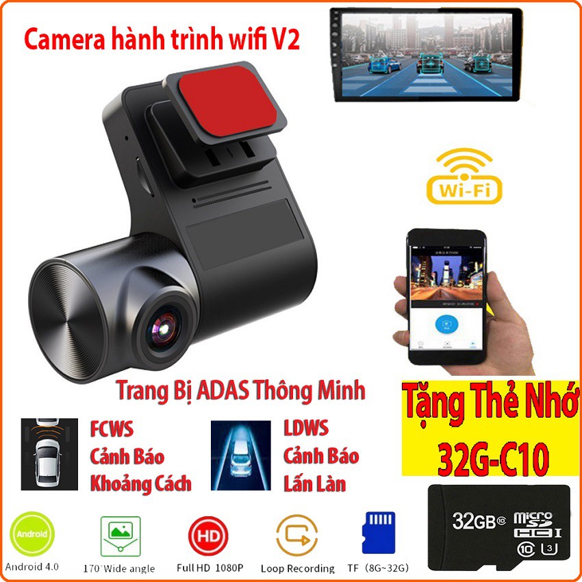 Camera hành trình wifi V2, xem qua điện thoại, cảnh báo lệch làn, khoảng cách, độ phân giải full HD, BH 12 tháng | BigBuy360 - bigbuy360.vn