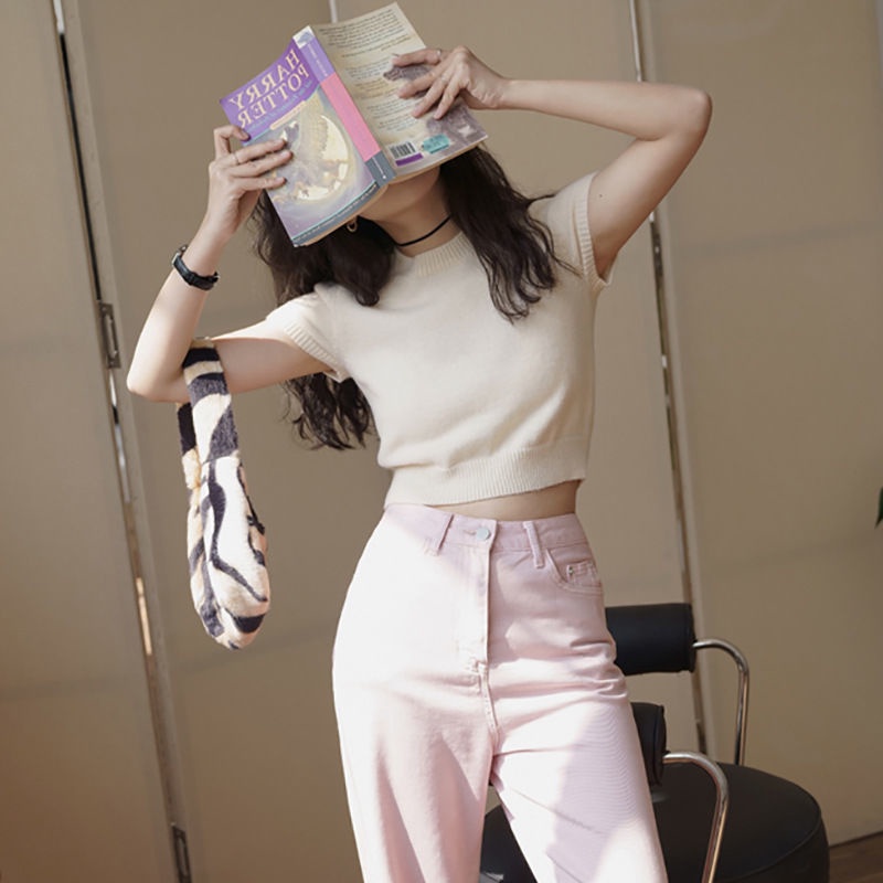 Áo Thun Dệt Kim Tay Ngắn Màu Xanh Lá Phong Cách retro Thời Trang Hàn Quốc