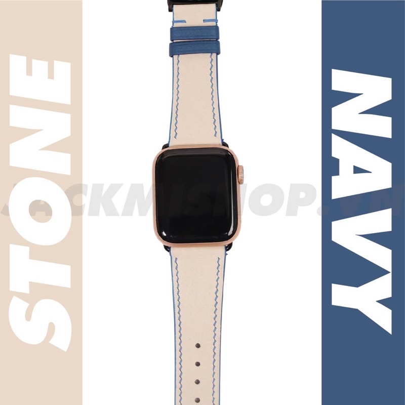 [BẢO HÀNH 1 NĂM] Dây Da BÊ SWIFT may tay thủ công màu Kem chỉ Xanh Dương khóa Bướm cho Apple Watch series 1/2/3/4/5/6/7