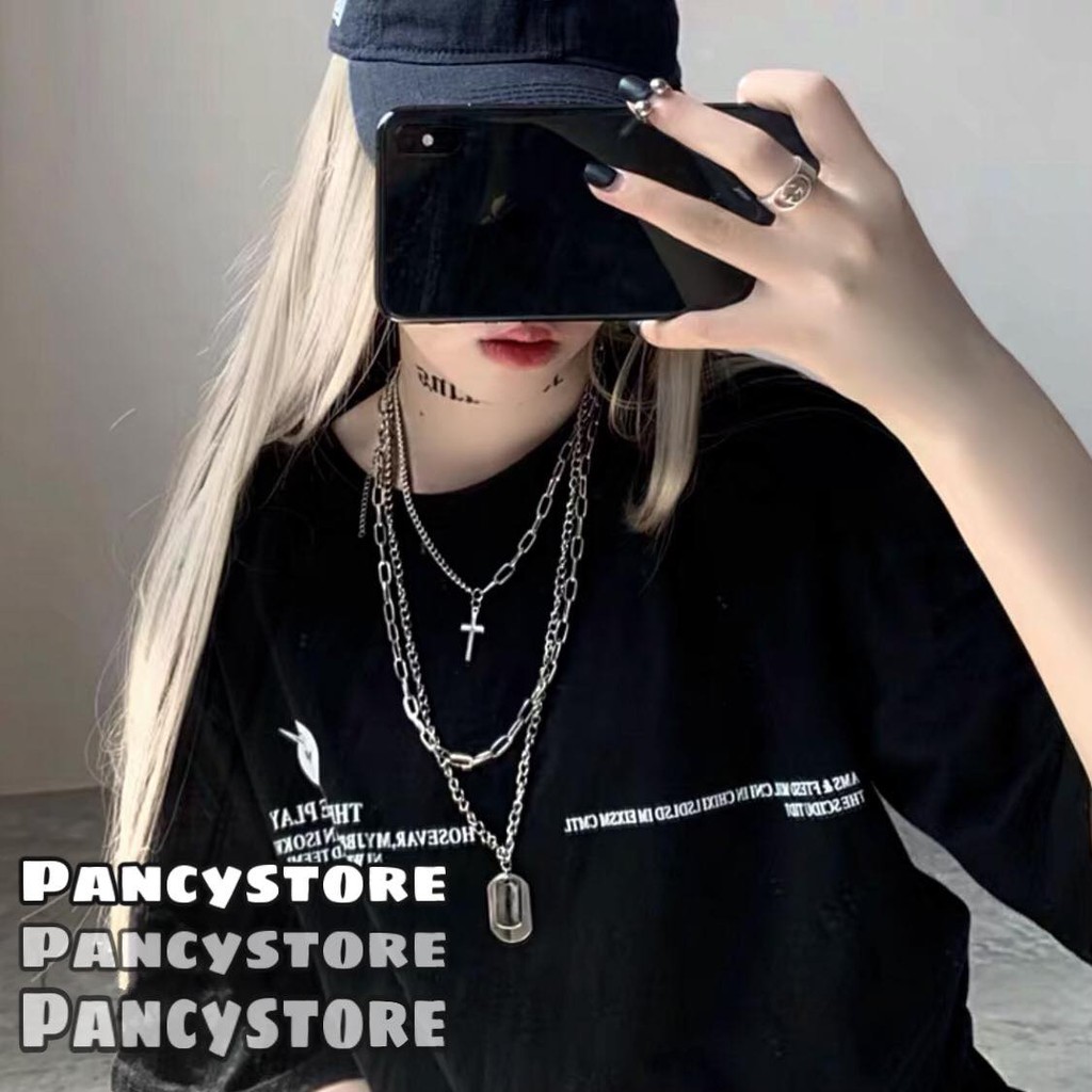 set 3 lớp dây chuyền vòng cổ thánh giá dây xích unisex