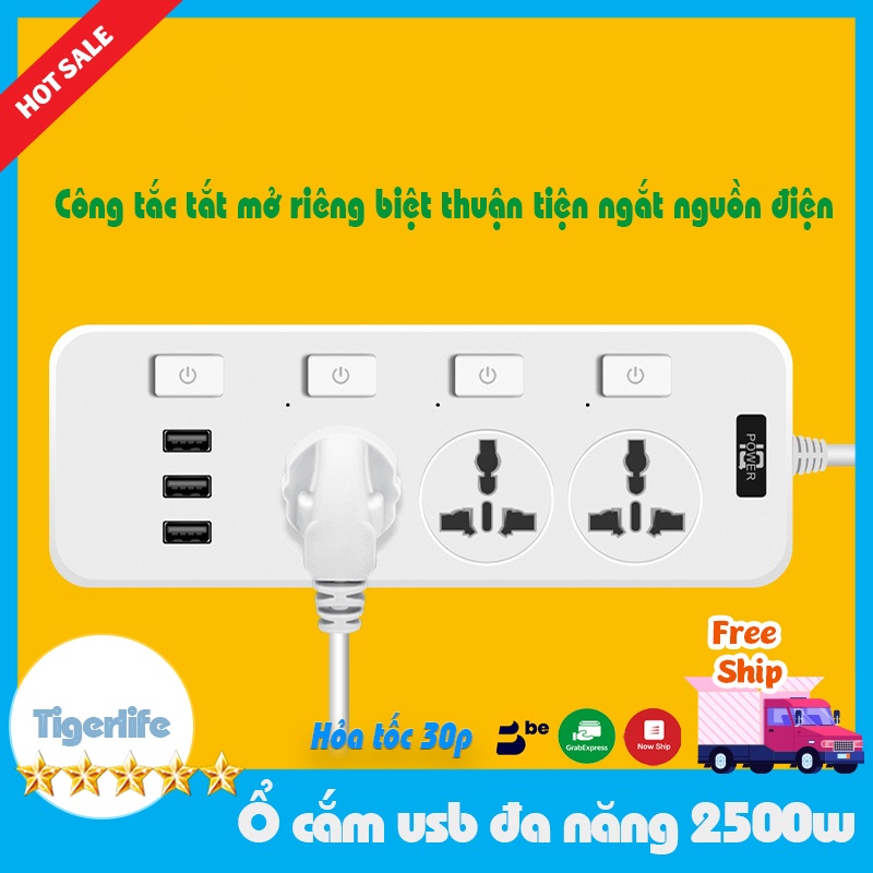 Ổ cắm điện, ổ cắm điện đa năng 3 cổng USB sạc nhanh 5V-2.1A công suất 2500W vật liệu chống cháy dây nối dài 1,8M