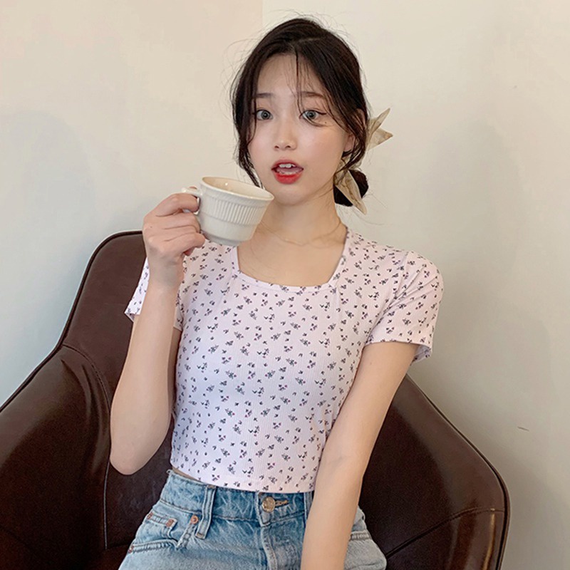 Áo Thun Ngắn Tay Cổ Vuông In Họa Tiết Hoa Phong Cách Hàn Quốc Dành Cho Nữ